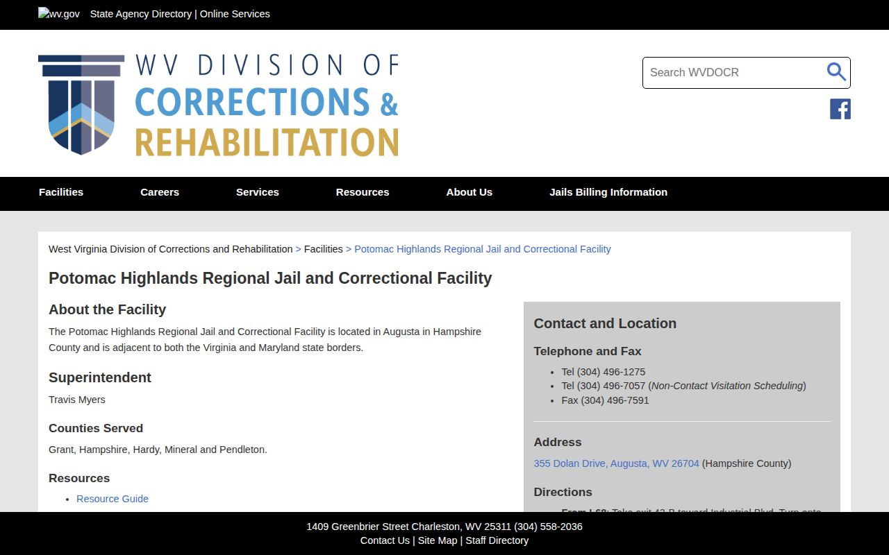 Official WVDCR page for Potomac Highlands Regional Jail and Correctional Facility