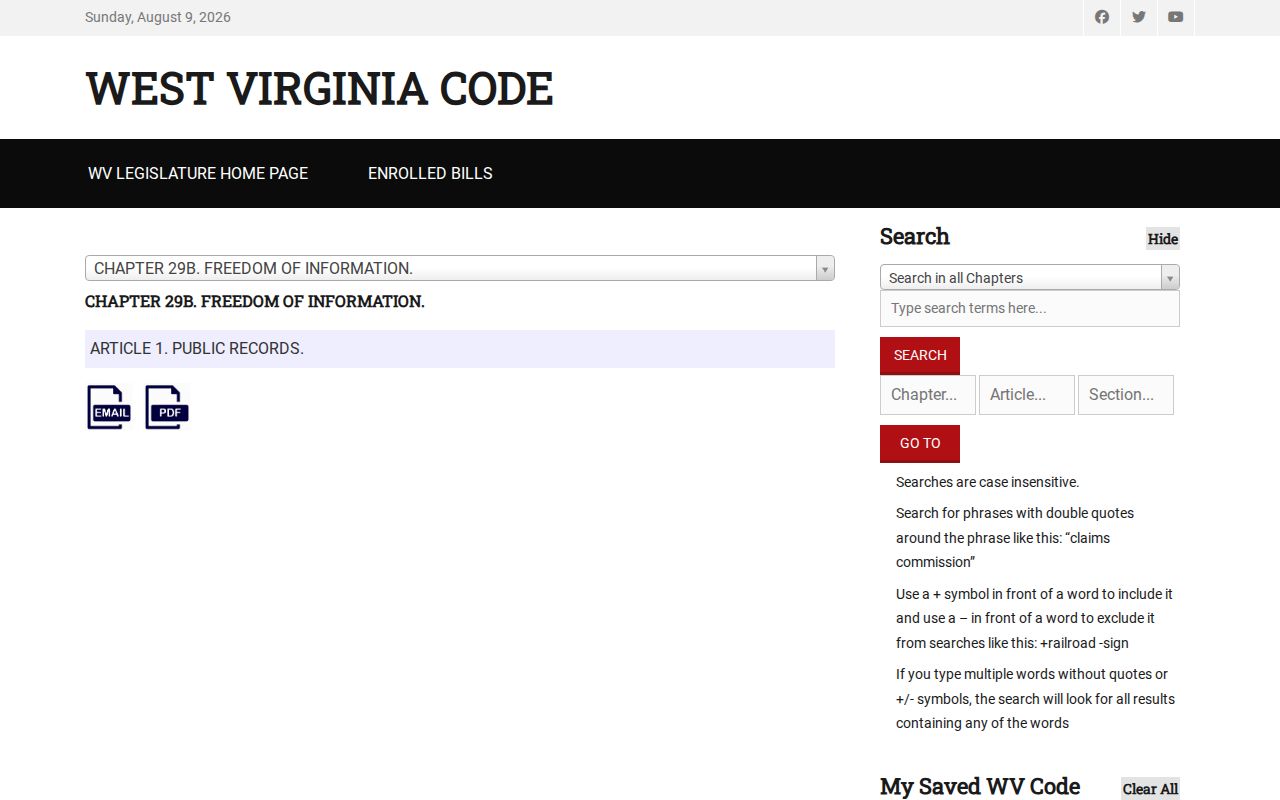West Virginia Legislature page for Freedom of Information Act chapter 29B
