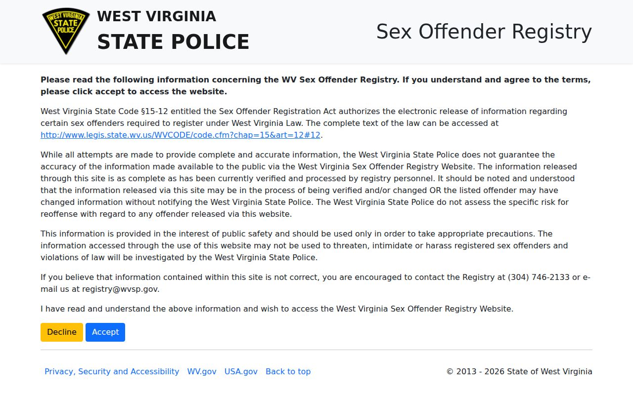 Pendleton County released mugshot research channel at the West Virginia State Police registry
